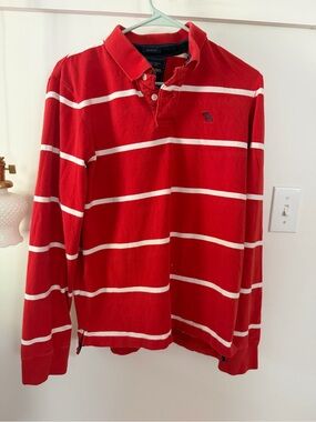 Abercrombie & Fitch Red and White Striped Long-Sleeve Rugby Polo